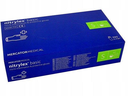 Rękawiczki nitrylowe bezpudrowe jednorazowe niebieskie rozmiar S BASIC opakowanie 100 szt.  MERCATOR 
